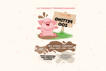 Event Flyer that displays a happy pig that is excited to be pet at the petting zoo.